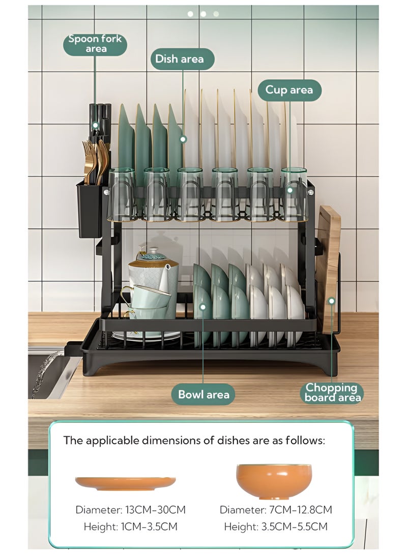 توشيونيكس رف تجفيف أطباق قابل للطي من طبقتين مع حامل أدوات وحامل لوح تقطيع وصينية لوح تصريف T114667، نظام تصريف دوار، طلاء مقاوم للخدش لعملية الخبز، أسود - Image 3