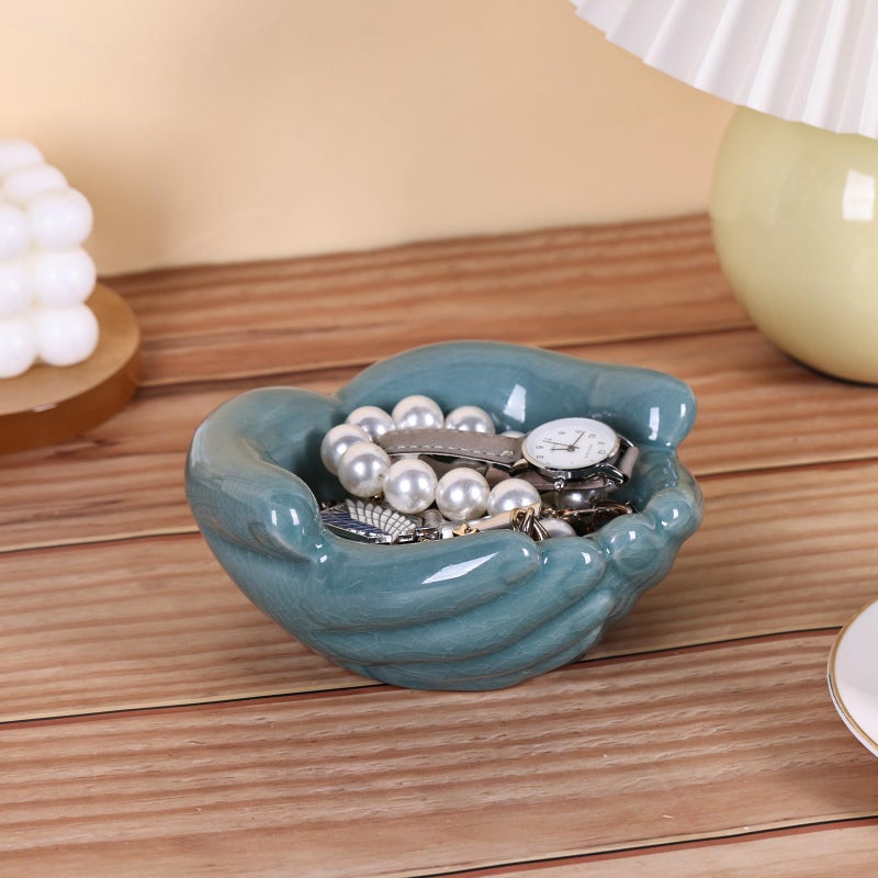 oliruim Ceramic Hands Bowl Dish Sculpture, Giving Hands Candy Holder for Succulent Planter, Crystal Rock Holder, Office, Keys Bowl for Entryway Table (Blue) - Image 3