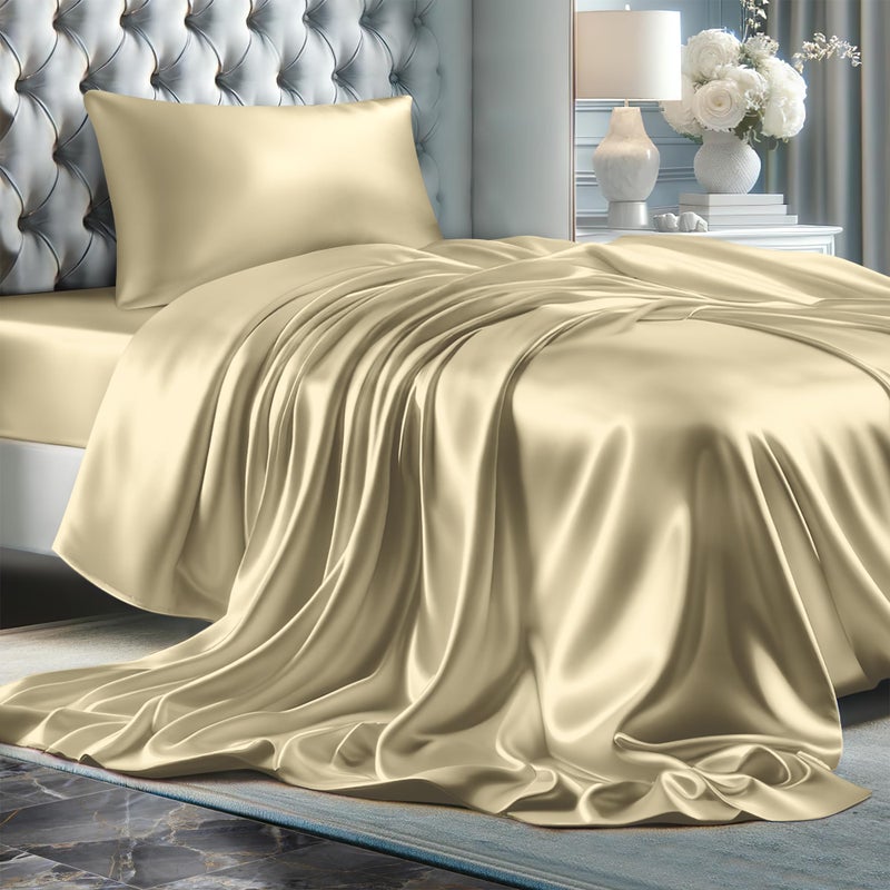 DECOLURE Satin Sheets Twin Size Set 3 Pcs - Silky & Luxuriously Soft Satin Bed Sheets w/ 15inch Deep Pocket - Similar to Silk Sheets - Double Stitching  Wrinkle Free (Champagne) - Image 1