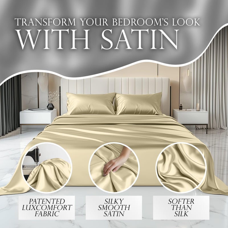 DECOLURE Satin Sheets Twin Size Set 3 Pcs - Silky & Luxuriously Soft Satin Bed Sheets w/ 15inch Deep Pocket - Similar to Silk Sheets - Double Stitching  Wrinkle Free (Champagne) - Image 2