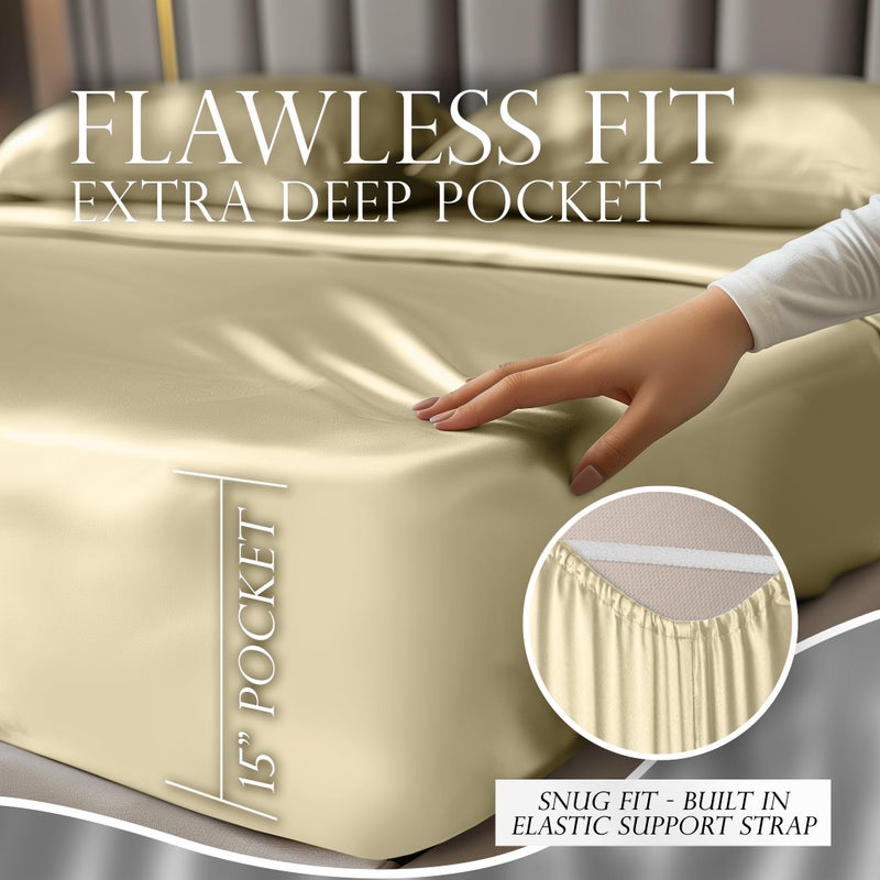DECOLURE Satin Sheets Twin Size Set 3 Pcs - Silky & Luxuriously Soft Satin Bed Sheets w/ 15inch Deep Pocket - Similar to Silk Sheets - Double Stitching  Wrinkle Free (Champagne) - Image 4