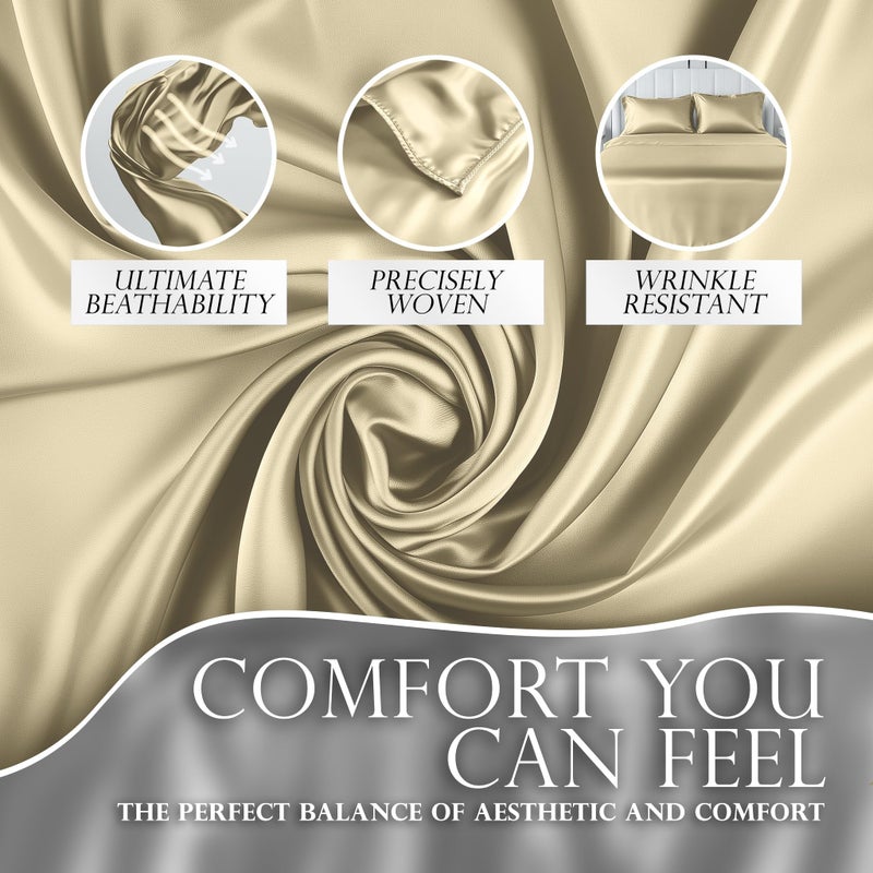 DECOLURE Satin Sheets Twin Size Set 3 Pcs - Silky & Luxuriously Soft Satin Bed Sheets w/ 15inch Deep Pocket - Similar to Silk Sheets - Double Stitching  Wrinkle Free (Champagne) - Image 3