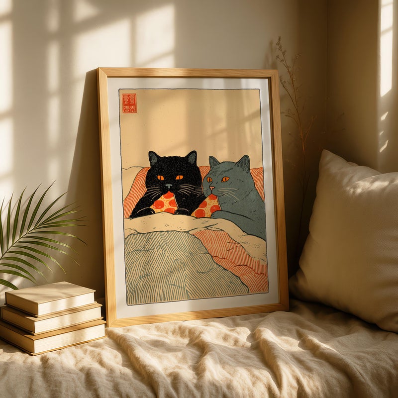 TNESSENTIAL Cat Pizza Print, Cute Cat Couple Wall Art, Japanese Style Illustration, Whimsical Kitchen Wall Decor, Funny Cat Poster, Pizza Lover Gift - Image 2