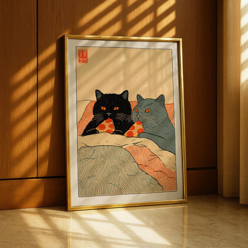 TNESSENTIAL Cat Pizza Print, Cute Cat Couple Wall Art, Japanese Style Illustration, Whimsical Kitchen Wall Decor, Funny Cat Poster, Pizza Lover Gift - Image 3