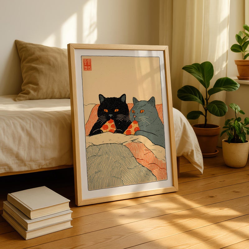 TNESSENTIAL Cat Pizza Print, Cute Cat Couple Wall Art, Japanese Style Illustration, Whimsical Kitchen Wall Decor, Funny Cat Poster, Pizza Lover Gift - Image 4