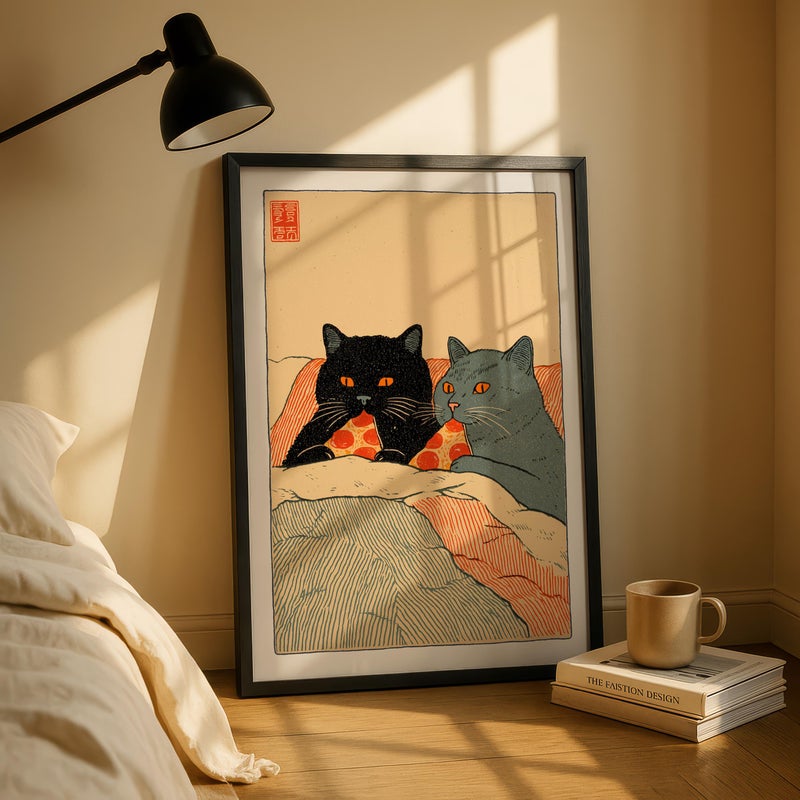 TNESSENTIAL Cat Pizza Print, Cute Cat Couple Wall Art, Japanese Style Illustration, Whimsical Kitchen Wall Decor, Funny Cat Poster, Pizza Lover Gift - Image 1