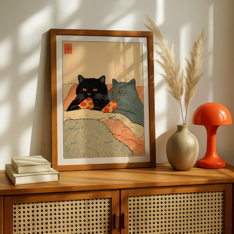 TNESSENTIAL Cat Pizza Print, Cute Cat Couple Wall Art, Japanese Style Illustration, Whimsical Kitchen Wall Decor, Funny Cat Poster, Pizza Lover Gift - Image 5