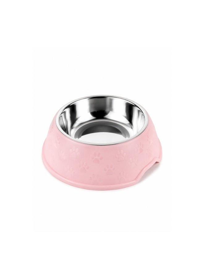 Non-Slip Stainless Steel Pet Bowl for Dogs and Cats - Durable Food and Water Feeding Dish with Paw Print Pattern, Pink (22cm Inner, 29.5cm Base) - Image 1