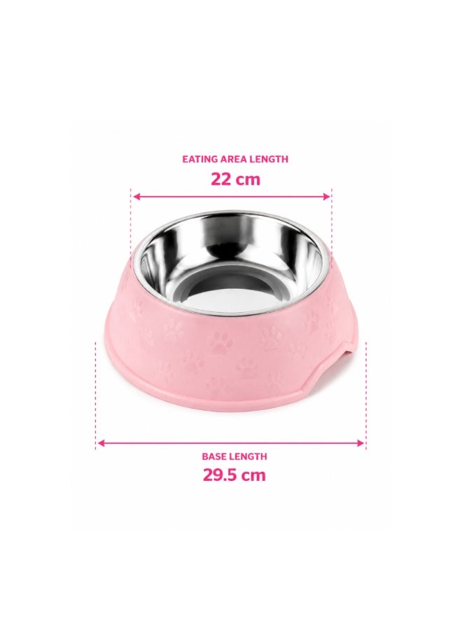 Non-Slip Stainless Steel Pet Bowl for Dogs and Cats - Durable Food and Water Feeding Dish with Paw Print Pattern, Pink (22cm Inner, 29.5cm Base) - Image 2