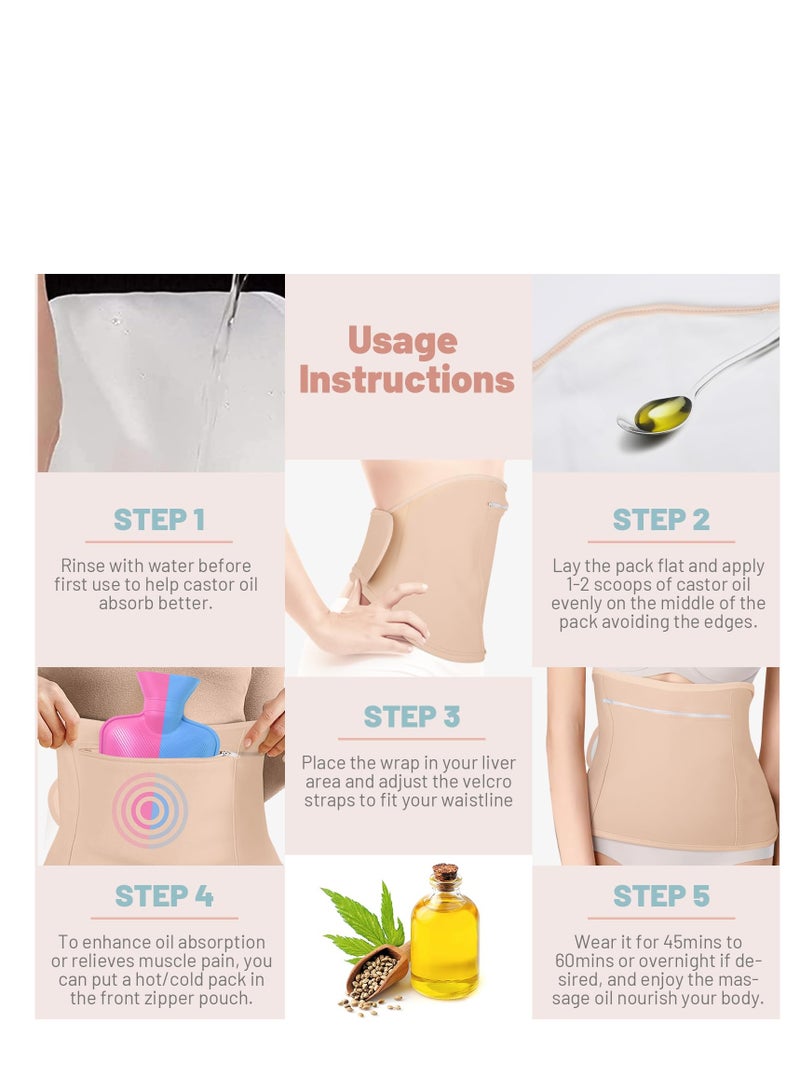4 Pack Castor Oil Wrap Pack Kit Resuable Organic Castor Oil Pack Wrap Set for Waist, Neck and Chest with Adjustable Magic Tape Strap Cotton Flannel Castor Oil Pack for Liver Detox Anti Oil Leak