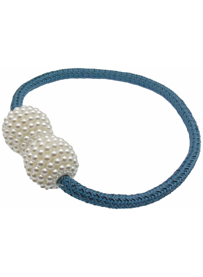 LIMITLESS Magnetic 2 PCS Pearl Curtain Buckle Magnetic European Style Decorative Weave Rope Curtain Rings & Buckles Holder for Window Sheer Blackout Draperies, Braided Straps Ball Buckles, (Blue) - Image 1