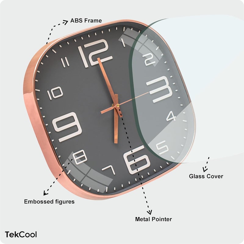 TEKCOOL Plastic Analogue Wall Clock 12" Silent Quartz Decorative Latest Wall Clock Non-Ticking Classic Clock Battery Operated Round Easy to Read for Room/Home/Kitchen/Bedroom/Office/School.Grey Gold' - Image 3