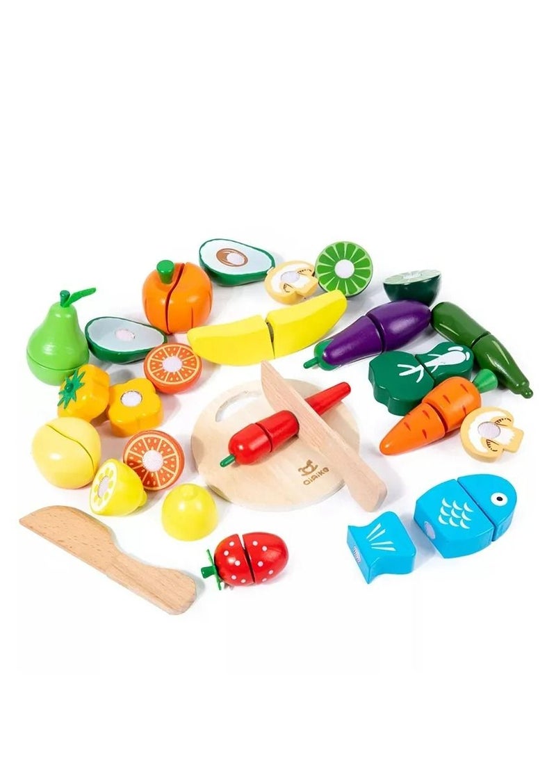 GULFLINK ألعاب مطبخ خشبية للأطفال، ألعاب تقطيع الخضروات والفواكه، ألعاب ملونة - Image 1