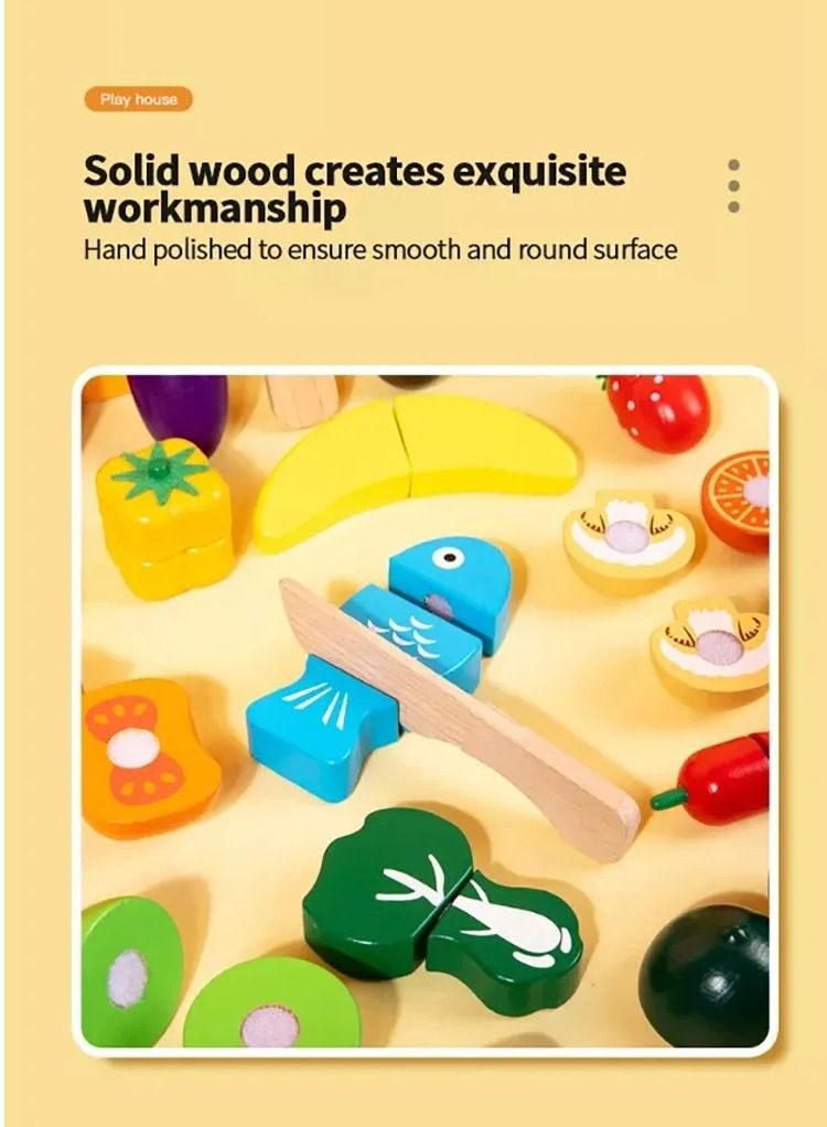 GULFLINK ألعاب مطبخ خشبية للأطفال، ألعاب تقطيع الخضروات والفواكه، ألعاب ملونة - Image 4