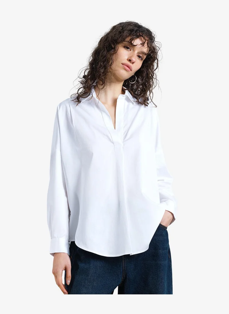 فرنش كونكشن Women's Linen White/Khaki Lotta Alexis Cutout Back Shirt