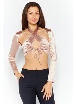 Women 2 Piece Set Halter Neck Satin Crop Top With A Shrug, Mink