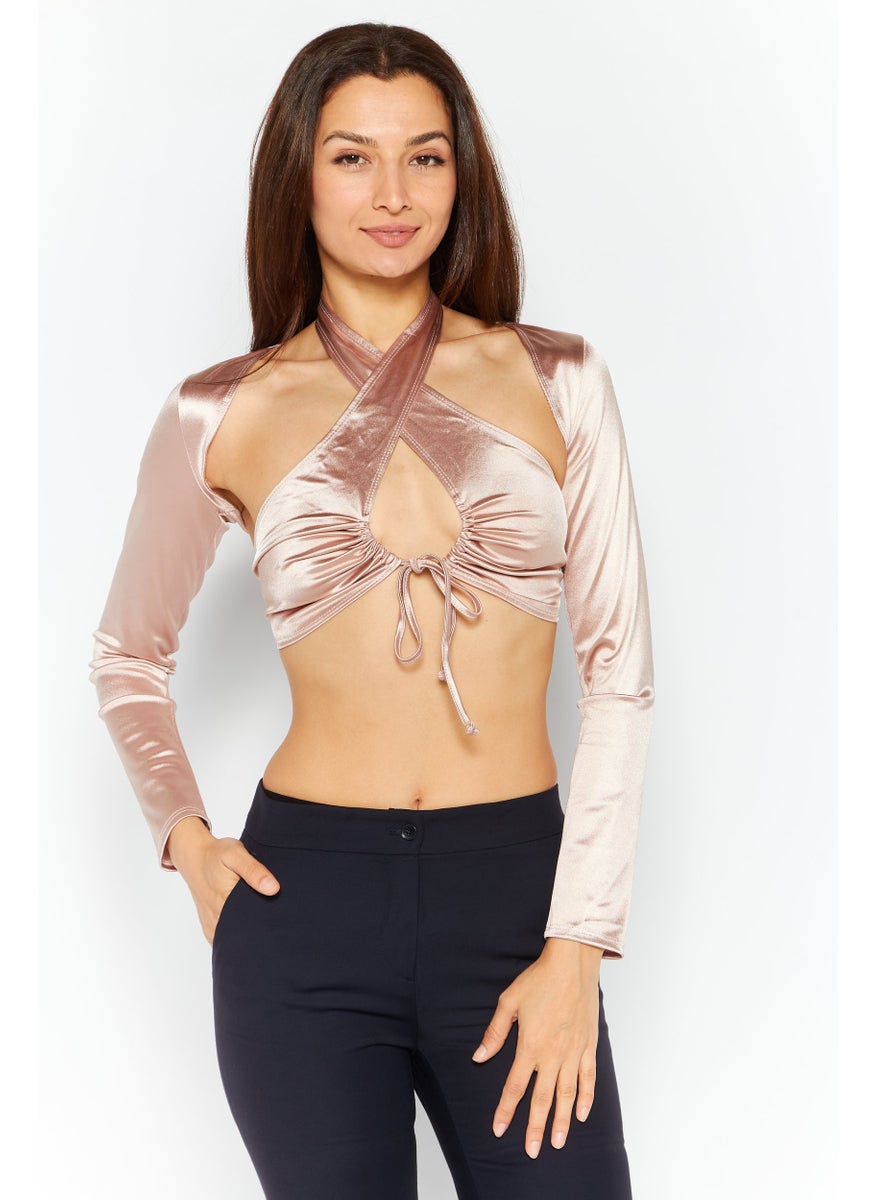 Flounce Club - Women 2 Piece Set Halter Neck Satin Crop Top With A Shrug, Mink - Image 1