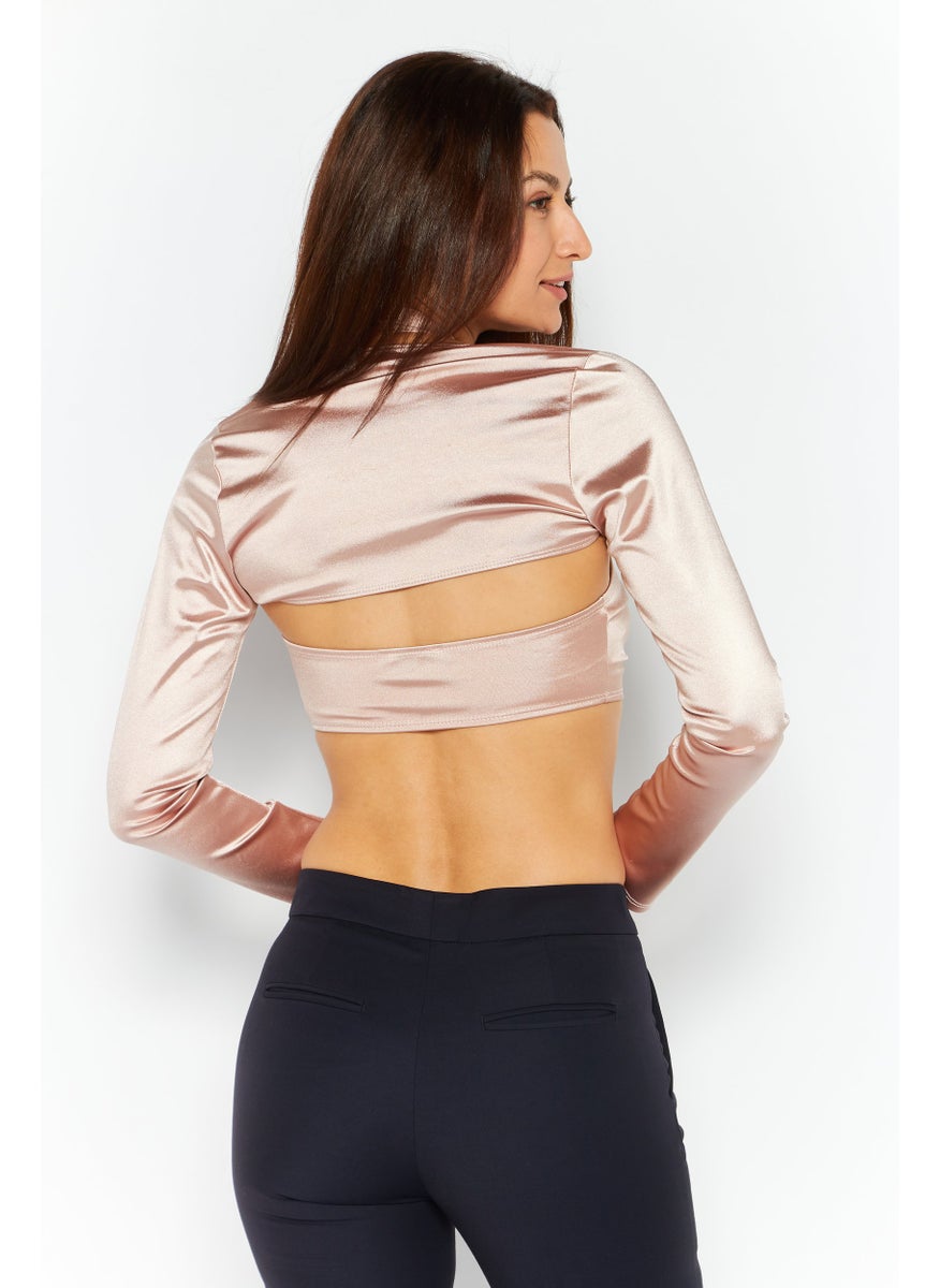 Flounce Club - Women 2 Piece Set Halter Neck Satin Crop Top With A Shrug, Mink - Image 1