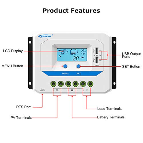 EPEVER® 30A Solar Charge Controller 12V/24V Auto Working PWM Solar Panel Charge Regulator with LCD Display and Powerful Dual USB Output - Image 2