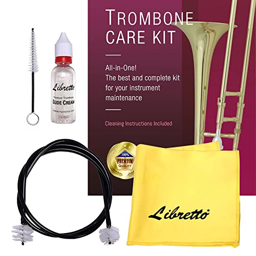 Libretto Trombone All-Inclusive Care Kit: Flexible Bore Brush + Mouthpiece Brush + Slide Oil+ Microfiber Cleaning Cloth + Slide Grease, w/Handy Case, Time to Clean & Extend Life of Your Trombone! - Image 1