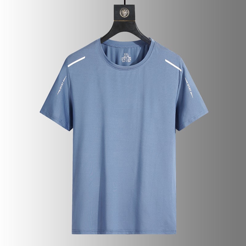 تي شيرت قصير الأكمام من الحرير الجليدي للرجال لون صيفي نقي فضفاض 2024 عالي المرونة سريع الجفاف رياضي تي شيرت نصف الأكمام أبيض نقي - Image 4