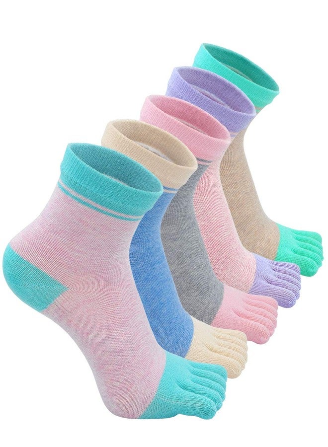 CaiDieNu Womens Toe Socks Cotton Crew Five Finger Socks Girls Colorful Stripe for Running Athletic Casual 4/5 Pairs, Multicolored-03-5 Pack, 5-11 - Image 1