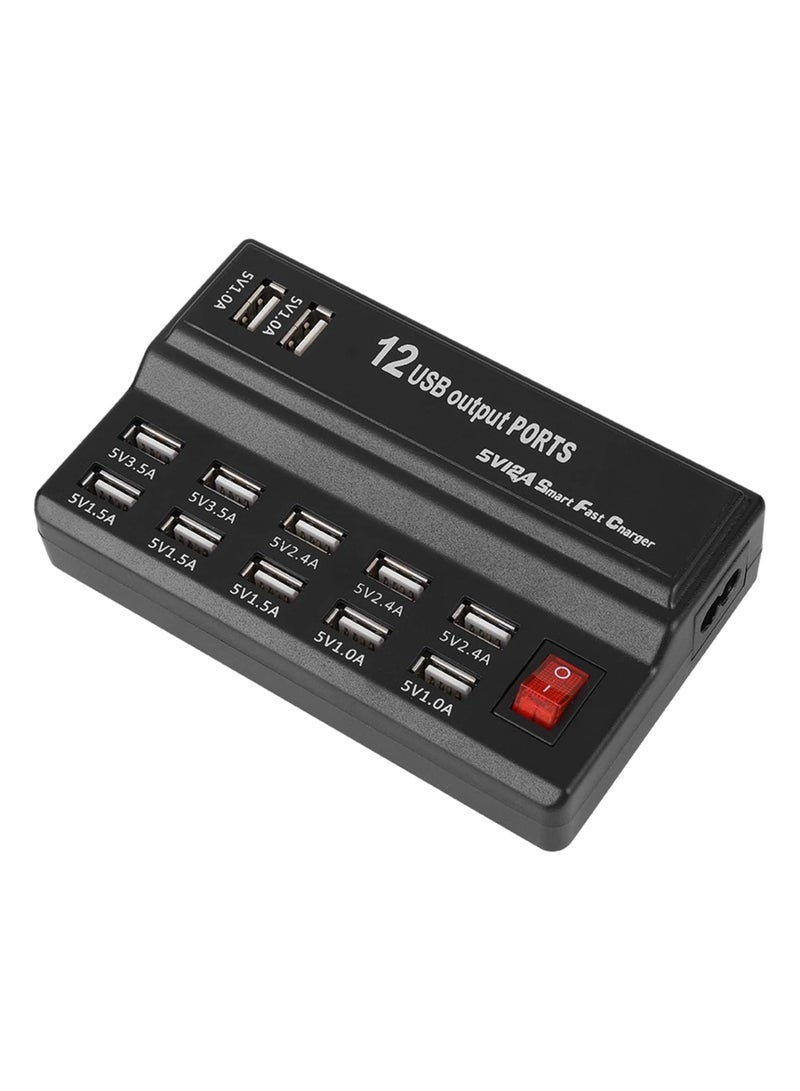 شاحن هاب USB بـ 12 منفذ، محطة شحن سريعة 5V2A، شحن متعدد الأجهزة في نفس الوقت، محمول وخفيف الوزن، للابتوب، السفر، المنزل، المكتب، مع موصلات USB Type-C، مصدر طاقة 110V/220V، قابس المملكة المتحدة - Image 1