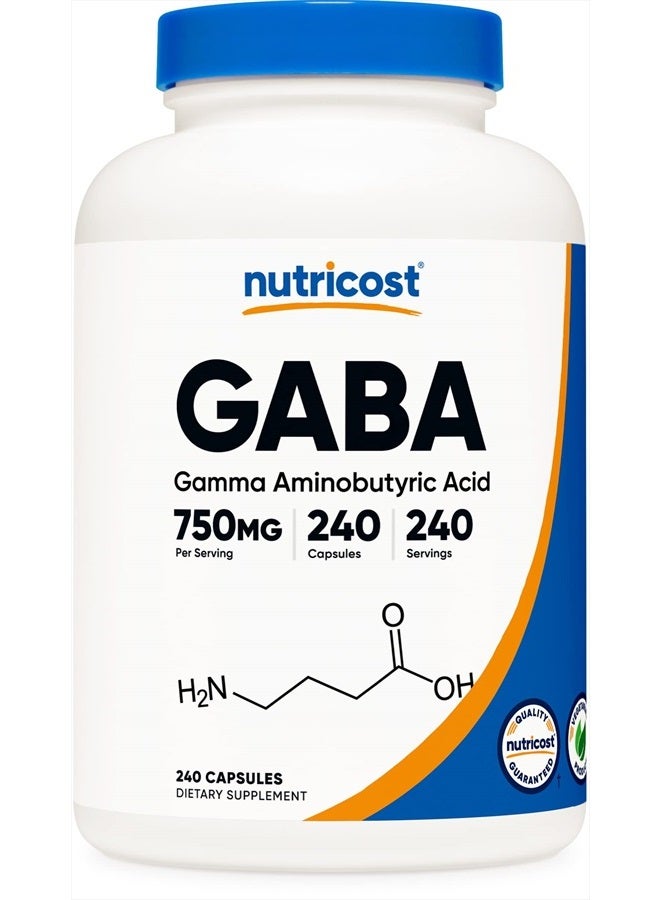 Nutricost GABA (Gamma Aminobutyric Acid) 750mg, 240 Capsules, 240 Servings - Non-GMO, Gluten Free - Image 1