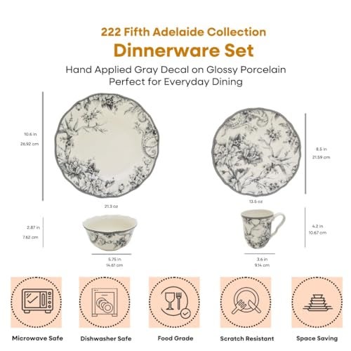 222 Fifth Adelaide 16-Piece Casual Grey Porcelain Dinnerware Set – Service for 4, Classic Toile Bird & Floral Design, Microwave & Dishwasher Safe, for Everyday Dining & Entertainment - Image 2