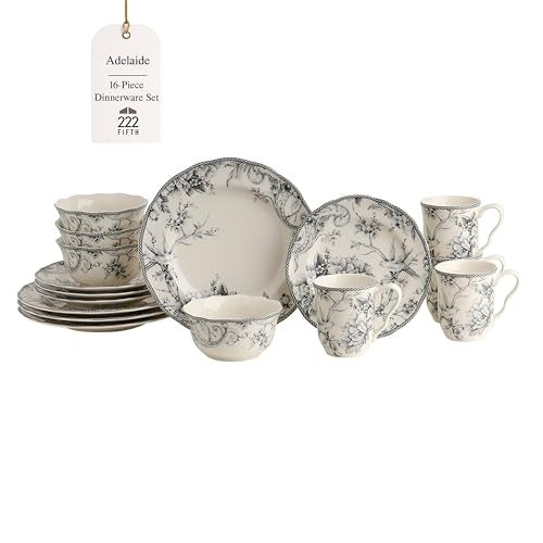 222 Fifth Adelaide 16-Piece Casual Grey Porcelain Dinnerware Set – Service for 4, Classic Toile Bird & Floral Design, Microwave & Dishwasher Safe, for Everyday Dining & Entertainment - Image 1