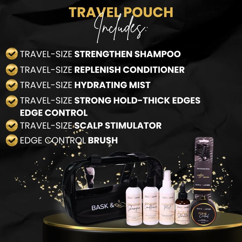 Bask & Lather On the Go Travel Essential Kit, Hydrating Hair Products for Black Hair, Travel Case With Shampoo & Conditioner, Mist, Edge Control, Scalp Stimulator & Edge Control Brush, TSA Accepted - Image 2