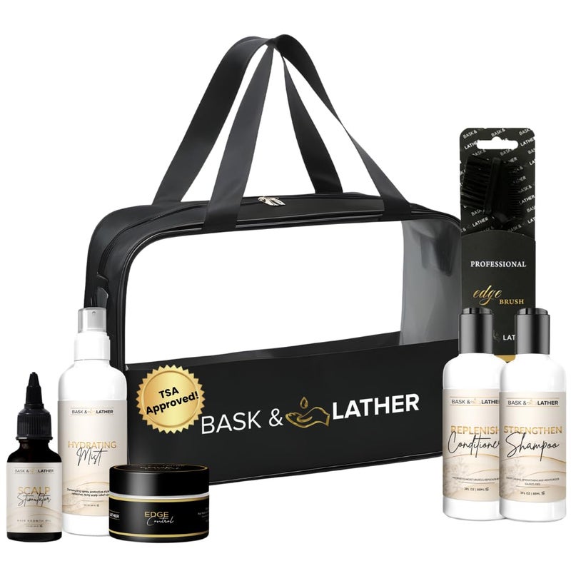 Bask & Lather On the Go Travel Essential Kit, Hydrating Hair Products for Black Hair, Travel Case With Shampoo & Conditioner, Mist, Edge Control, Scalp Stimulator & Edge Control Brush, TSA Accepted - Image 1