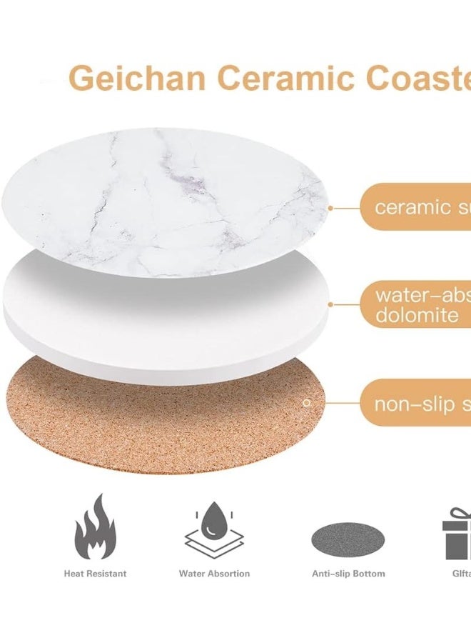 SFENG 6-Pack Round Marble Absorbent Drink Coasters with Gold Holder, Ceramic Coaster Set with Non-Slip Cork Base for Coffee Table Protection - Image 4