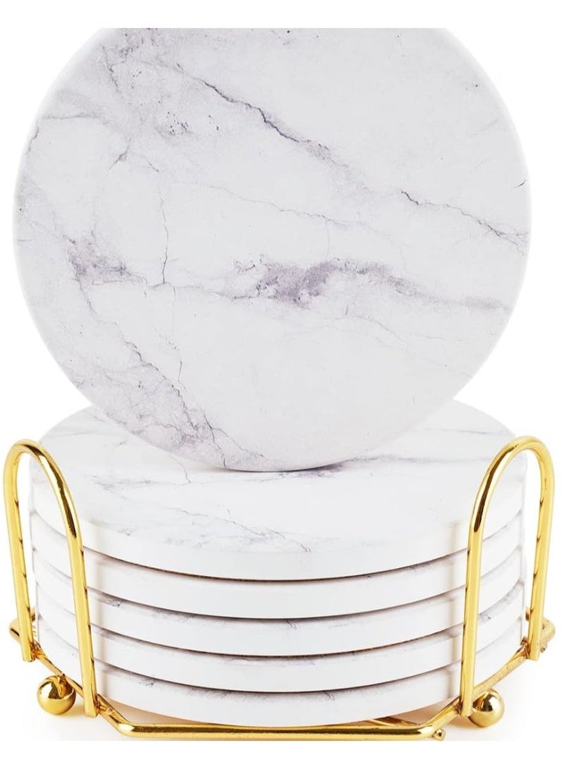 SFENG 6-Pack Round Marble Absorbent Drink Coasters with Gold Holder, Ceramic Coaster Set with Non-Slip Cork Base for Coffee Table Protection - Image 1