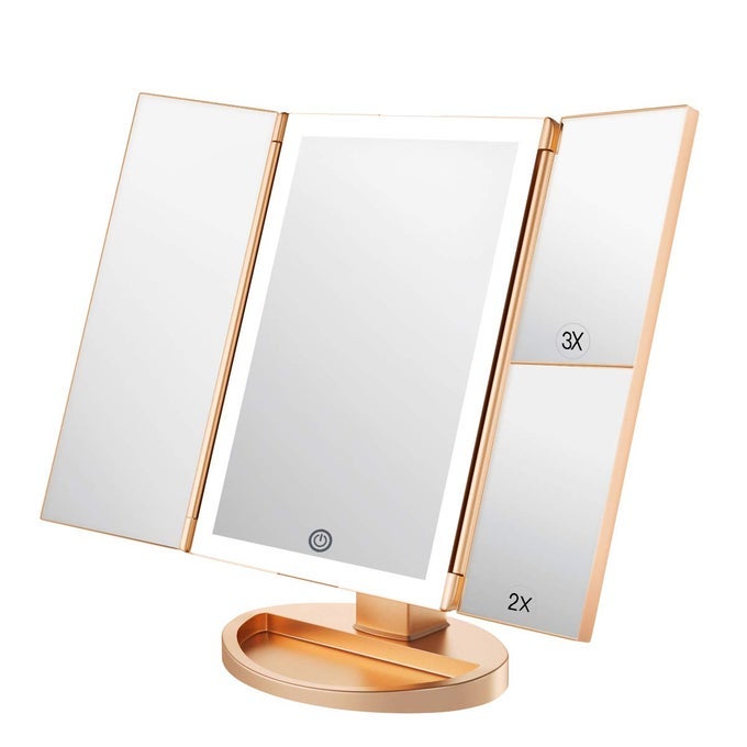 LIGHTED VANITY MAKEUP MIRROR 1X2X3X MAGNIFICATION TRIFOLD 36 LED LIGHTS TOUCH SCREEN USB CHARGING 180 DEGREE ADJUSTABLE STAND COUNTERTOP COSMETIC MAKEUP MIRRORGOLD
