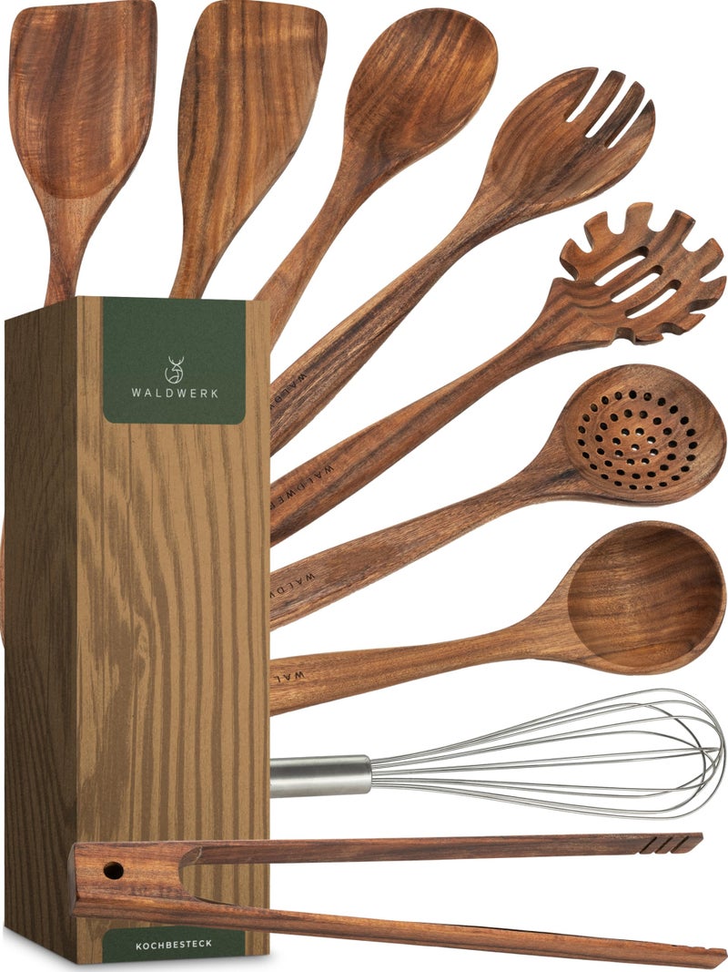 WALDWERK Wooden Spoons for Cooking â€“ 9-Piece Kitchen Utensils Set with Spatula, Tongs, Whisk, Wooden Spoons & Pasta Server â€“ Wooden Utensil Set â€“ Utensil Sets - Cooking Utensils - Non Toxic - Image 1