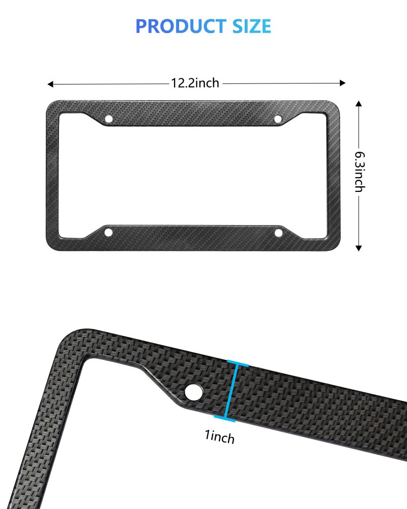 FBJTDQ Carbon Fiber License Plate Frames- Black Carbon Pattern Aluminum Front & Rear Car Tag Holder Cover 2 Pack with Mount Hardware, Screws, Caps, Handlebar Stickers - Image 3