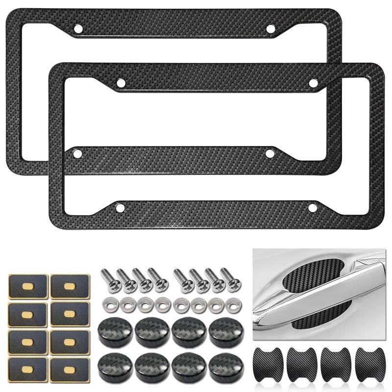 FBJTDQ Carbon Fiber License Plate Frames- Black Carbon Pattern Aluminum Front & Rear Car Tag Holder Cover 2 Pack with Mount Hardware, Screws, Caps, Handlebar Stickers - Image 1