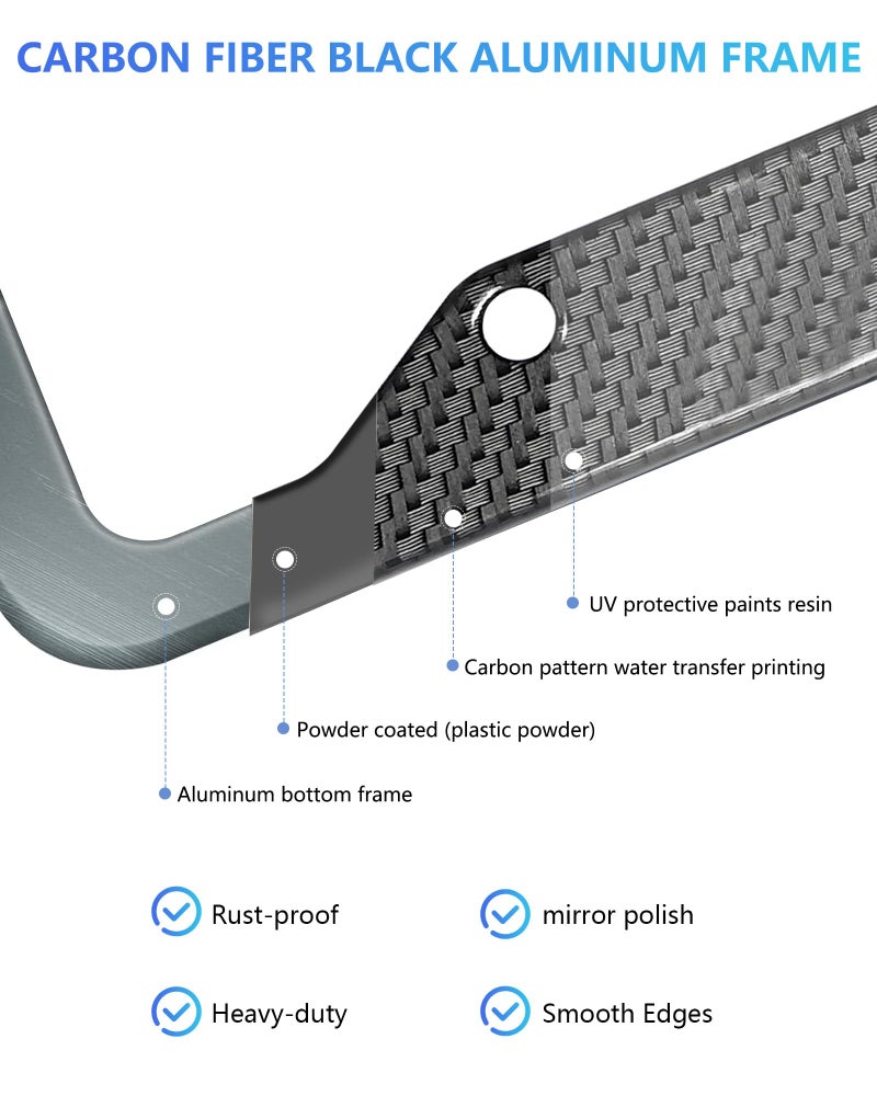 FBJTDQ Carbon Fiber License Plate Frames- Black Carbon Pattern Aluminum Front & Rear Car Tag Holder Cover 2 Pack with Mount Hardware, Screws, Caps, Handlebar Stickers - Image 2
