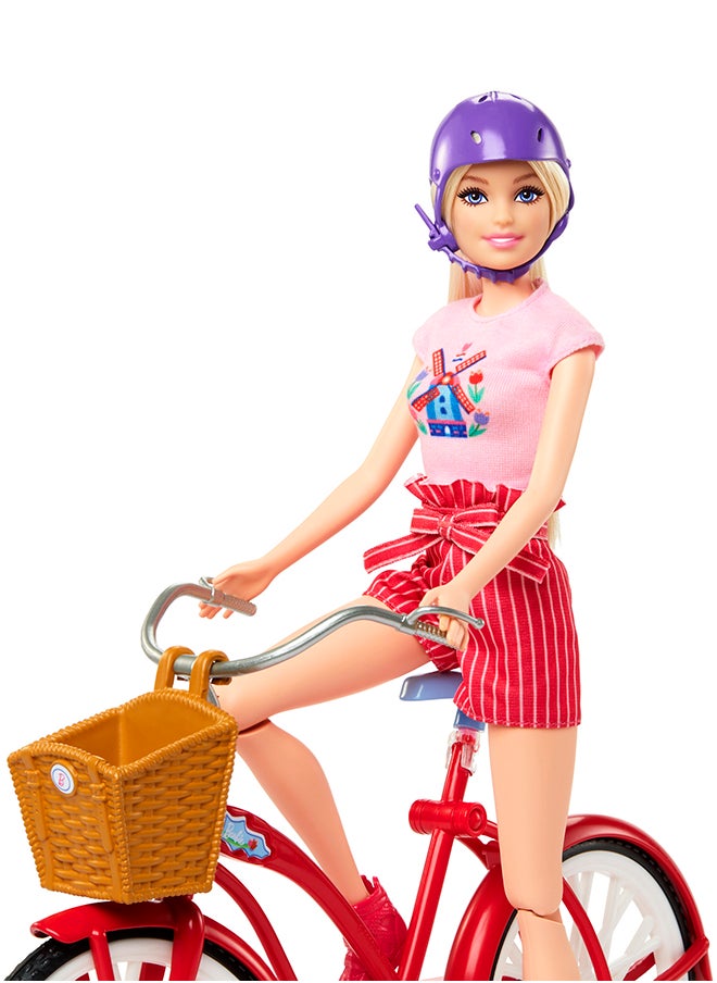 Barbie - Doll Set With Bicycle, Clothes, & Accessories, Pink Passport Holland Adventures, Includes Blonde Doll & Travel Pieces - Image 1