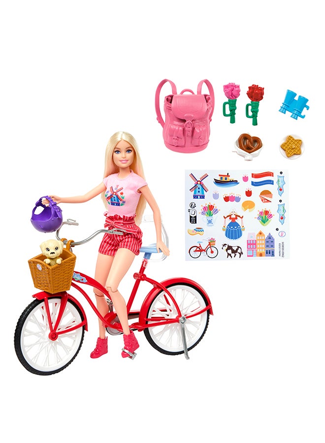 Barbie Doll Set With Bicycle, Clothes, & Accessories, Pink Passport Holland Adventures, Includes Blonde Doll & Travel Pieces - Image 1