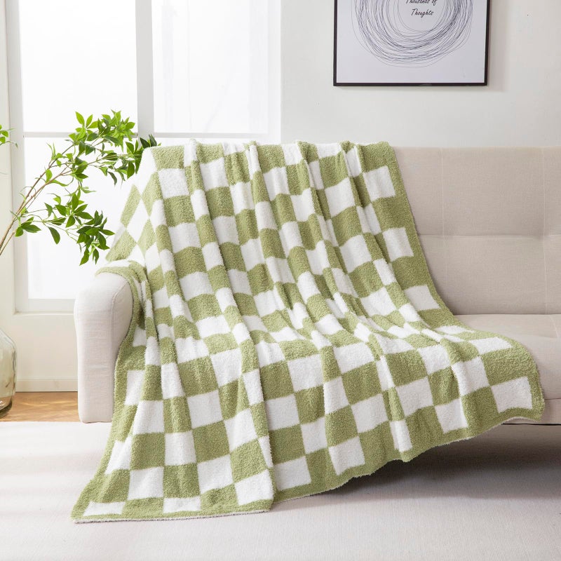 YIRUIO Throw Blanket Checkered Chessboard Fluffy Fuzzy Warmer Comfort Reversible Super Soft Cozy for Home Decor Bed Couch Sofa Living Room Sage Green 51x63