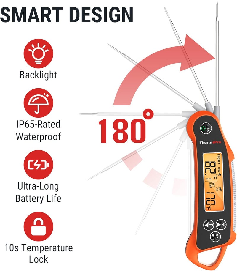 ThermoPro TP710 Instant Read Meat Thermometer Digital for Cooking, 2-in-1 Waterproof Kitchen Food Thermometer with Dual Probes and Dual Temperature Display for Oven, Grilling, Smoker & BBQ - Image 5