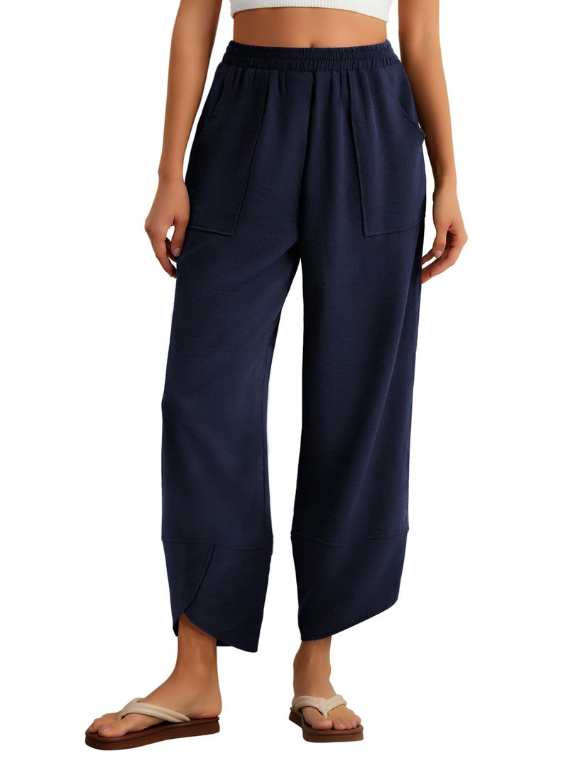 Feiersi Womens Baggy Wide Leg Pants Elastic Waisted Casual Palazzo Harem Pants Summer Beach Trousers(Navy Blue,Small) - Image 1