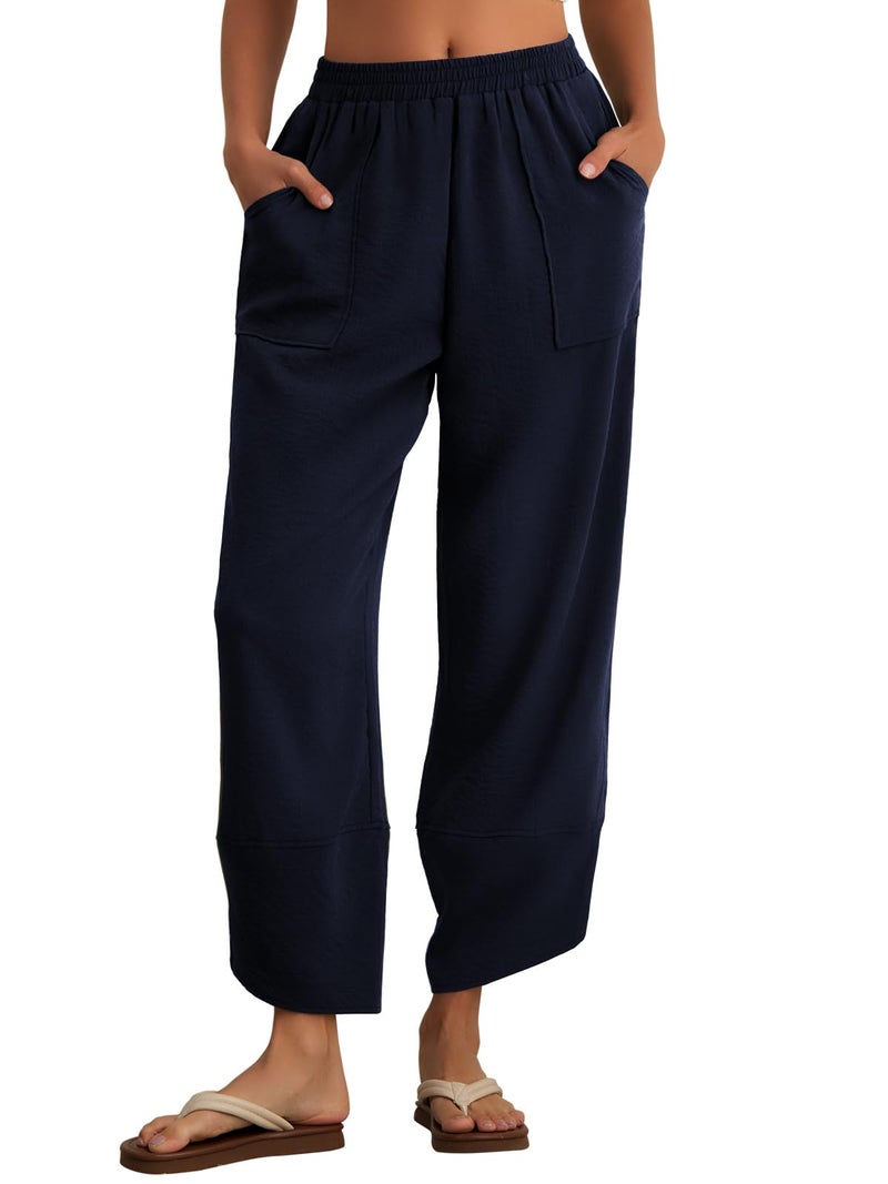 Feiersi Womens Baggy Wide Leg Pants Elastic Waisted Casual Palazzo Harem Pants Summer Beach Trousers(Navy Blue,Small) - Image 2