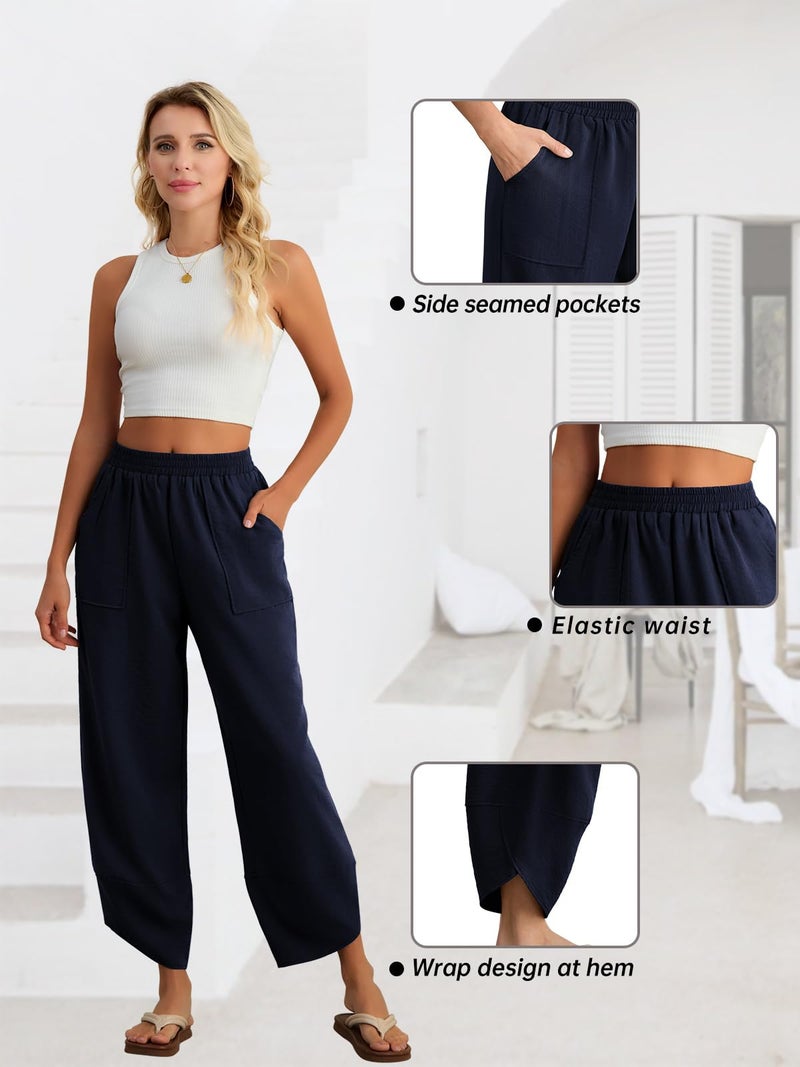 Feiersi Womens Baggy Wide Leg Pants Elastic Waisted Casual Palazzo Harem Pants Summer Beach Trousers(Navy Blue,Small) - Image 4