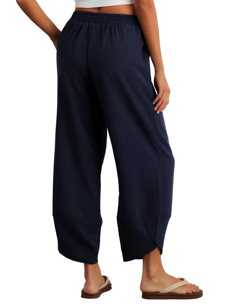Feiersi Womens Baggy Wide Leg Pants Elastic Waisted Casual Palazzo Harem Pants Summer Beach Trousers(Navy Blue,Small) - Image 5