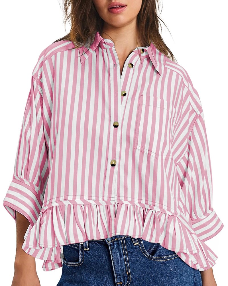 CHYRII Womens Summer Tops Dressy Casual Blouse Top Ruffled Short Sleeve Button Down Striped Shirt Pink M