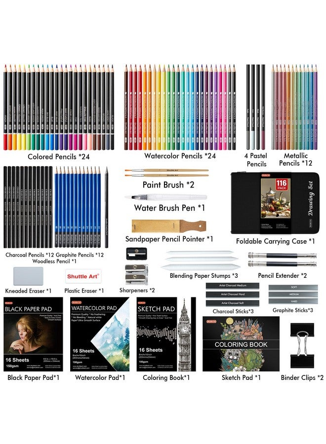 شاتل أرت مجموعة رسم مكونة من 116 قطعة، لوازم رسم كاملة مع أقلام رسم وأقلام ملونة وعصي فحم الجرافيت وأدوات رسم احترافية ومنصات ورقية للفنانين المبتدئين والأطفال - Image 2