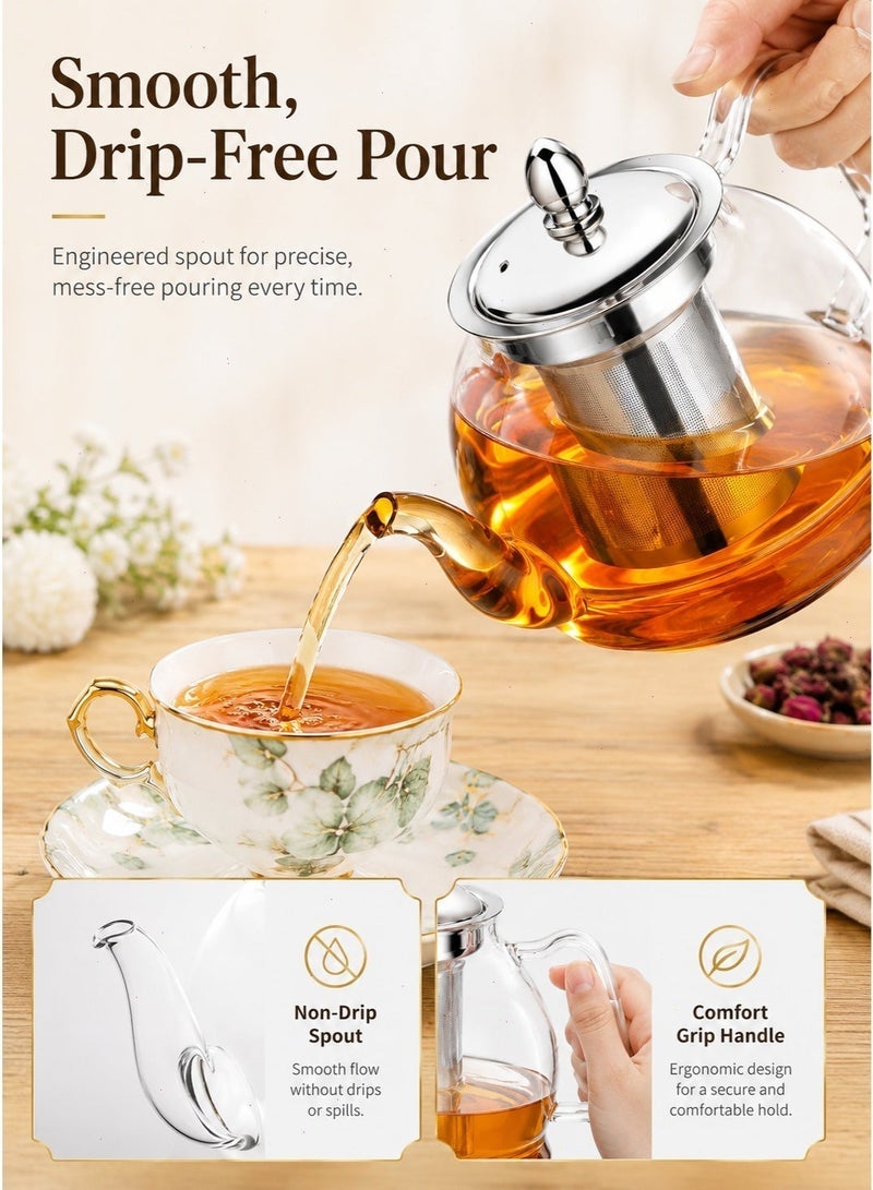 1000ml Borosilicate Glass Teapot with Removable Infuser, Stovetop Safe Heat Resistant Tea Pot for Loose Leaf, Blooming & Herbal Tea, Ideal for Home Daily Brewing - Image 3